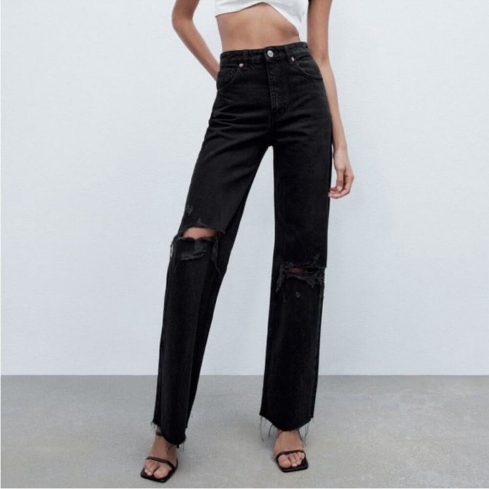 Zara Black High Rise Blow Out Knee Mom Jeans